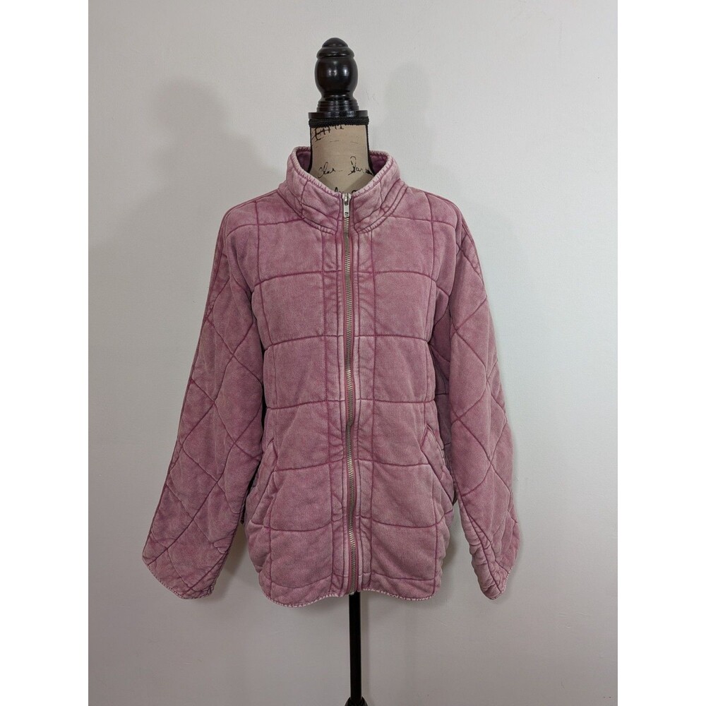 Free People Dolman Quilted Knit Jacket Pink Full Zip Mock Neck Medium **stain